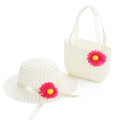 

2pcs Summer Sun Hat Girls Kids Straw Cap Beach Hats Tote Bag Flower Decor