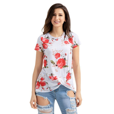 

White V-neck short-sleeved printed hem pleated design straight top T-shirt