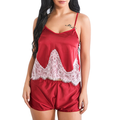 

Toponeto Women fan-shaped Lace Silk Sleepwear Satin Pajamas Lingerie Camisole Shorts Suit