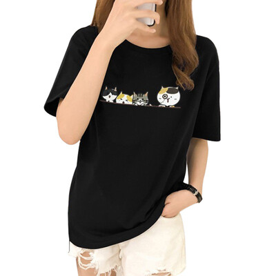

Womens Harajuku Style Round Neck Cartoon Cats Print Short Sleeve Loose Pullover