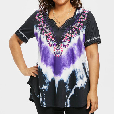 

Roseonmyhand Womens Fashion Casual Plus Size Tie dyeing Print Lace T-shirt Short Sleeve Tops