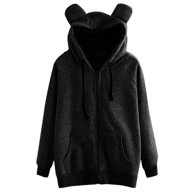 

Toponeto Women Fashion Solid Color Print Cat Ear Zipper Pocket Long Sleeve Pullover Coat