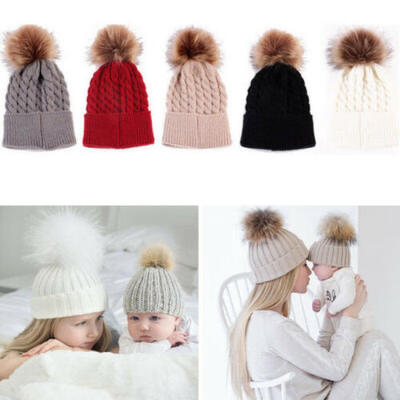 

Mother Baby Knitting Pom Bobble Hat Winter Warm Beanie Knitted Matching Cap