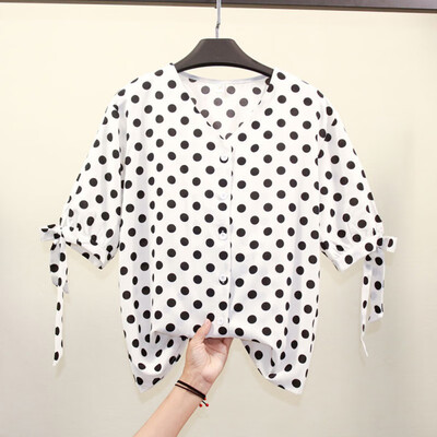 

Polka Dot Women Chiffon Blouse Plus Size Shirt Women Tops Casual Bowknot V Neck Blusas Femininas Camisas Mujer