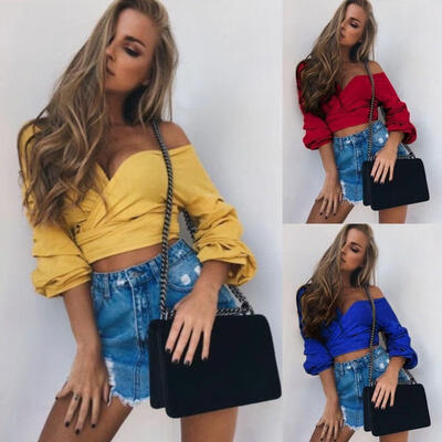 

Summer Women Casual Off Shoulder Tank Top Vest Blouse Long Sleeve Crop Top Shirt