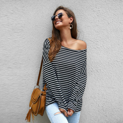 

Autumn Winter Female T-shirt Long Sleeve Striped harajuku Sexy Slant Shoulder Loose Oblique Collar Casual Wild T Shirt