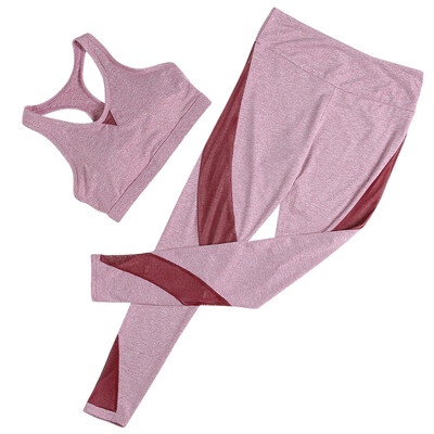 

Women Solid Color Two Piece Splice Mesh Yoga Fitness Suit