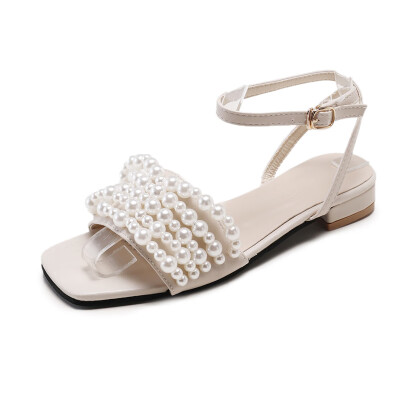 

Sandals women super-fire fairy wind summer open-toed pearl word buckle with thick-heeled Roman shoes tide