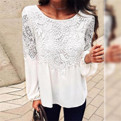 

Women Casual Long Sleeve Lace T-Shirt Summer Loose Fashion White Tops Blouse