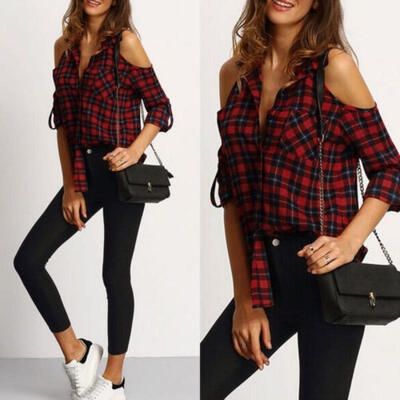

Fashion Women´s Checkered Plaid Blouse Off Shoulder Tops Long Sleeve Shirt Casual Blouse For Women