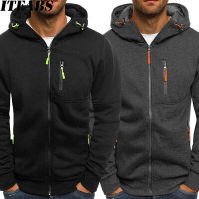 

US Mens Plain Hoodie Coloured Hooded Zip Up Jacket Warm Fleece Sweatshirt Tops