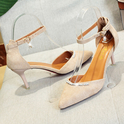 

Rose Women Thin Heels Nude Pointed Toe Imitation Diamond Ankle Strap High Heels Shoes