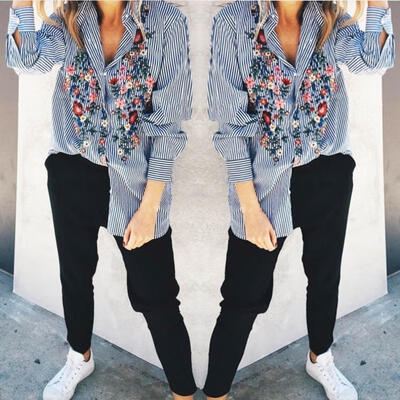 

Fashion Women Lady Striped Casual Cotton Long Sleeve Striped Floral Shirt Blouse Tops