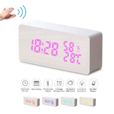 

Wooden Alarm Clock 115-Colored Time Humidity Temperature Date Display Wood LED Digital Desk Clock Adjustable Brightness Voice C