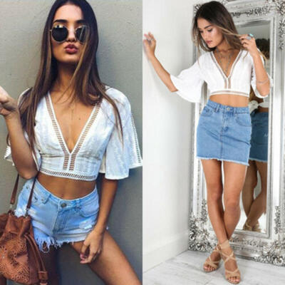 

USA Women Casual Tank Crop Tops Vest Blouse Off Shoulder Long Sleeve T-Shirt Hot