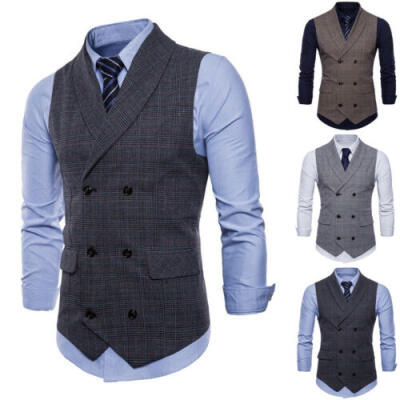 

Men Formal Casual Business Vest Suit Slim Double-Breasted Plaid Waistcoat Coat