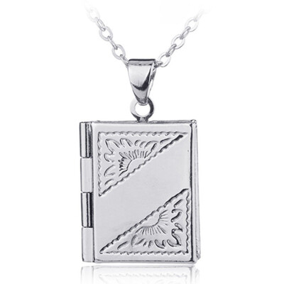

Unisex Book Rectangle Photo Locket Square Box Pendant Chain Necklace Jewelry