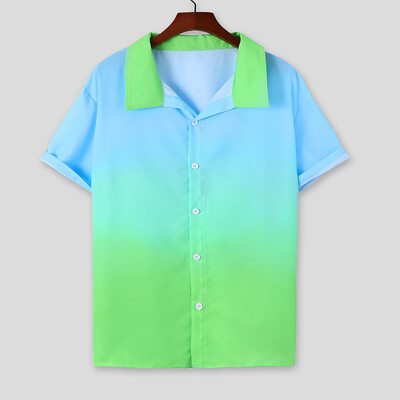 

Tailored Mens Gradient Printed Stand Collar Colorful Stripe Short Sleeve Loose Shirt