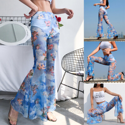 

Fashion Women Little Angle Print Mesh Perspective Flare Pants White Safety Pants