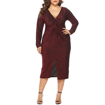 

Solid Color Sexy V Collar Long Sleeve Front Slit Dress