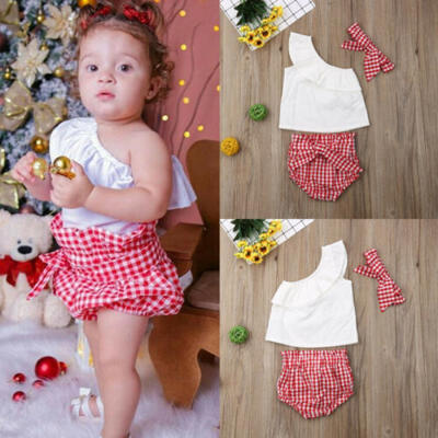 

Newborn Kid Baby Girl Infant 3pcs Clothes Off Shoulder Tops Plaids Pants Outfits