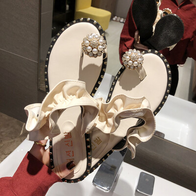 

Summer Korean version of 100 lotus edge pearl water drill toe flat slippers ins port wind out of the tide