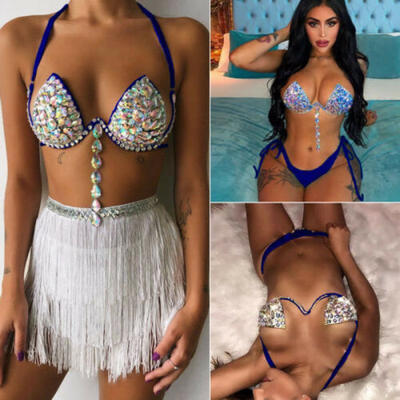 

Womens Summer Rhinestone Crystal Diamond Push-up Bikini Set Swimsuit Swimwear US