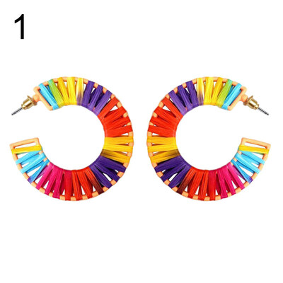 

Boho Rainbow Raffia Rattan Hollow C Shape Drop Hoop Lady Statement Stud Earrings