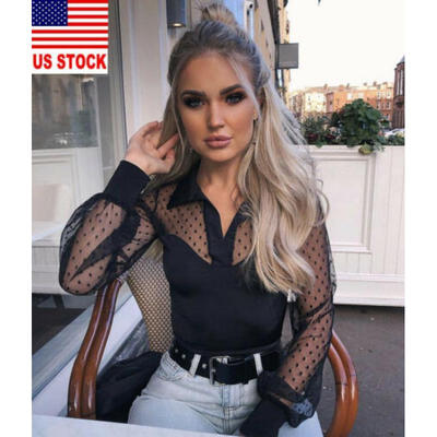 

US Women Sexy Polka Dot Mesh Puff Sleeve Slim Blouse See-through Tops T-Shirts