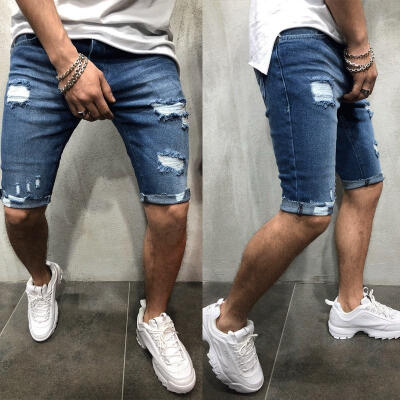 

Men&39s Stretchy Ripped Skinny Jeans Destroyed Shorts Slim Fit Denim Short Pants