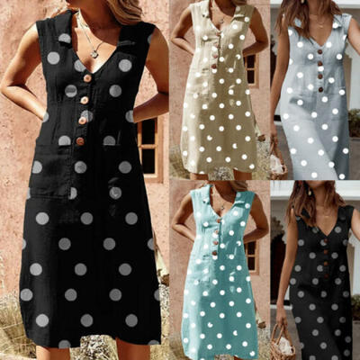 

Fashion Women Summer Pockets Midi Dress Polka Dot Button Boho Sundress Beach New