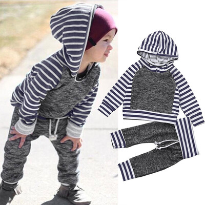 

2pcs Toddler Baby Boys Girls Stripe Hoodie TopsPants Suit Outfits Clothes Set