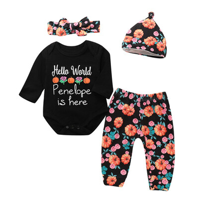 

2018 Newborn Baby Girl Clothes Set 100 Cotton Long-sleeved RomperTrousersHatHeadband 4pcs Infant Clothes