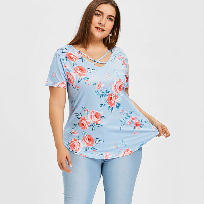 

PREISEI New Summer Women Light Blue Sweet Print T-Shirt Soft Elastic V-Neck Short Sleeve Plus Size T Shirt Ladies Tops PR0389