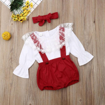 

3PCS Toddler Kid Baby Girl Clothes Lace Floral TopBib Pants Headband Outfit Set