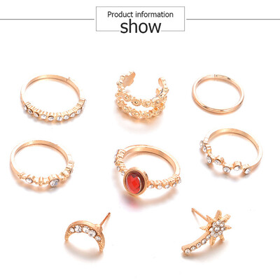

8 Pcs \ Set Retro Exaggerated Carved Full Drill Moon Star Earrings Gemstone Combination Ring Christmas Gift