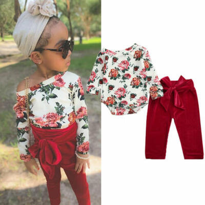 

US Infant Baby Girls Kid Straight Shoulder Floral Romper Trousers Clothes Sets