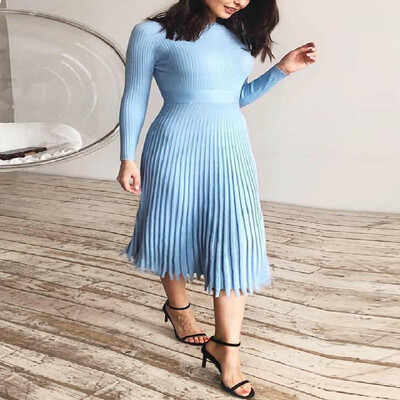 

Stretch Solid Long Sleeve Mock Neck Ribbed Trim Knit Midi Skater Dress