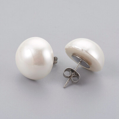 

Shell Pearl Beads Ear Studs with 304 Stainless Steel Findings Flat Round Stainless Steel Color 16x9mm Pin 07mm