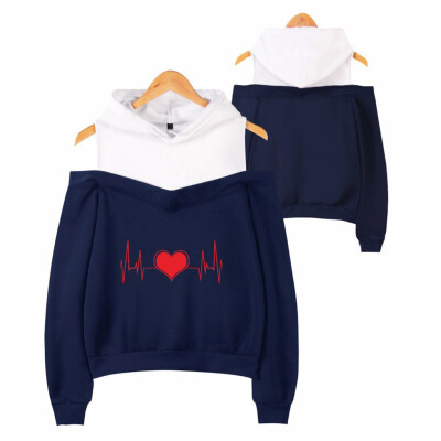 

Tailored Women Off Shoulder Electrocardiogram Print Fake Two-Piece Hooded Sweatshirt