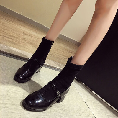 

Short boots spring&autumn single-boots Korean-style retro-black elastic knitted socks boots rough&locomotive boots