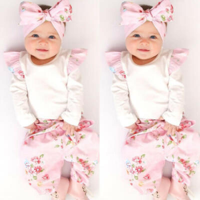 

Newborn Kids Baby Girl Romper Tops T-shirt Floral Pants 3Pcs Outfits Set Clothes