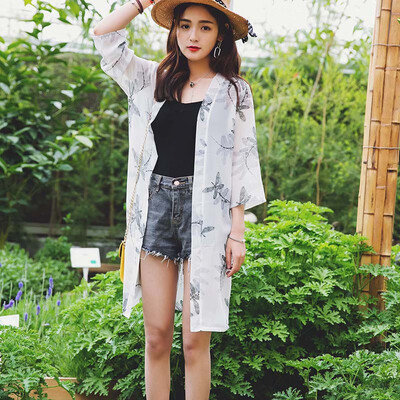 

Long UV-resistant Chiffon Sunscreen Shirt Holiday Style Womens Blouse Beautiful Printed Cardigan Beach Style Three Quarter