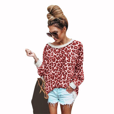

Pullover Women T-Shirt Long Sleeve Leopard Print O-Neck Fashion Loose Tops