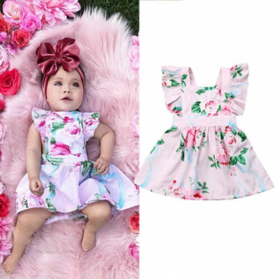 

US Infant Baby Girls Floral Skirt Flying Sleeve Dress Outfit Sunsuit Clothes Set