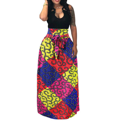 

Roseonmyhand Women High Waist Vintage Printed Pleated Swing Long African Leated Beach Skirt