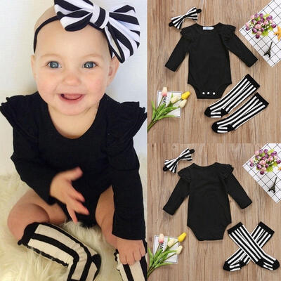 

Toddler Baby Girl Clothes Top Romper Striped Socks Headband 3pcs Outfits Set