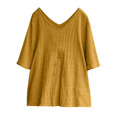 

Nomeni Womens Vintage Solid Color V-Neck Short Sleeve T-Shirt Loose Tops Blouse