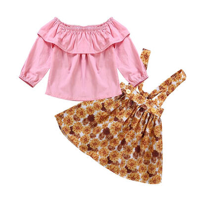 

2pcs Cute Kids Ruffle Collar T-shirt Tops Overalls Dress Girls Outfits Suit