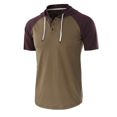 

Toponeto Men Casual Summer Patchwork Drawsting Short Sleeve Hoodie T-Shirt Top Blouse